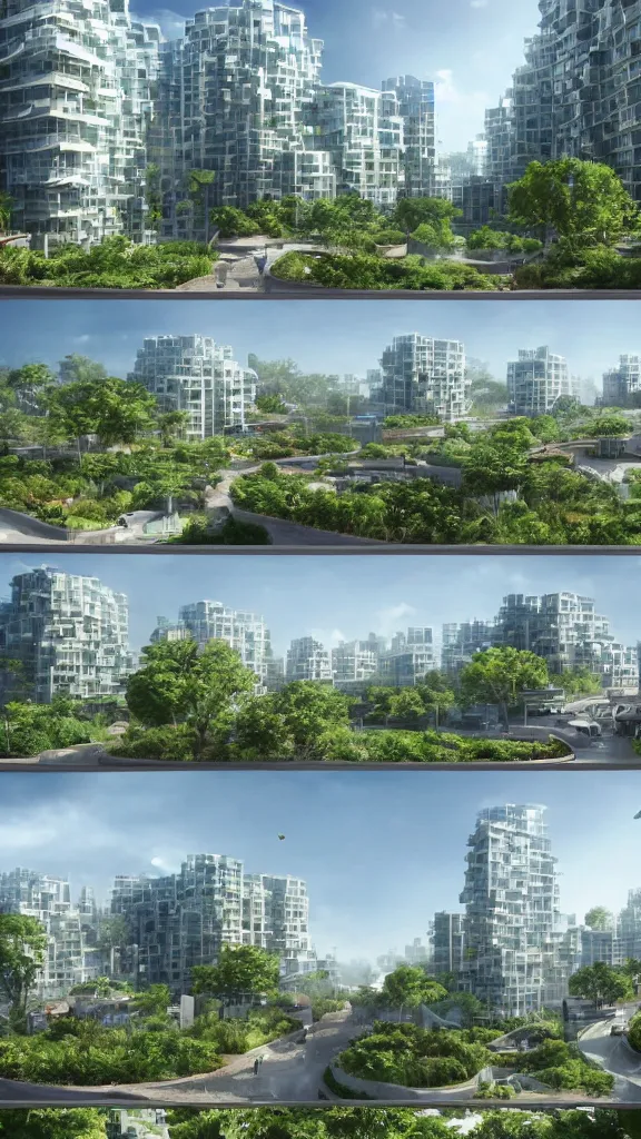Prompt: 4 - panel comic page layout. two people talking about sustainable futuristic building in a urban setting. ultrarealistic matte painting on white page. the buildings have many deep and tall balconies covered in plants and trees. thin random columns, large windows, deep overhangs. plants hang from balconies. greeble articulated details with plants. 8 k, uhd.
