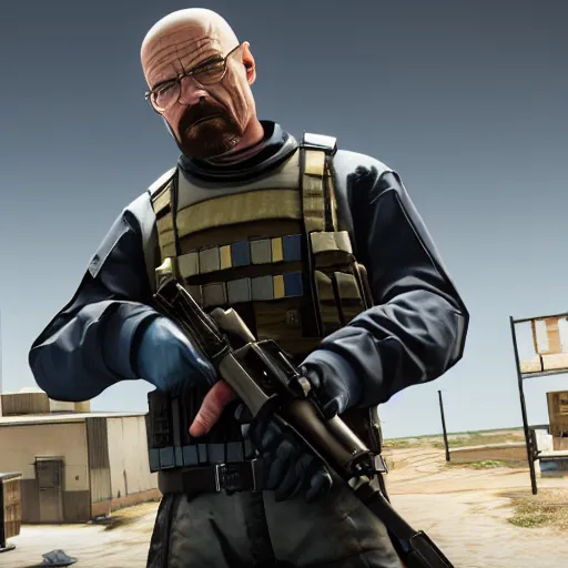 Image similar to walter white as a rainbow six siege operator, 4 k, highly detailed