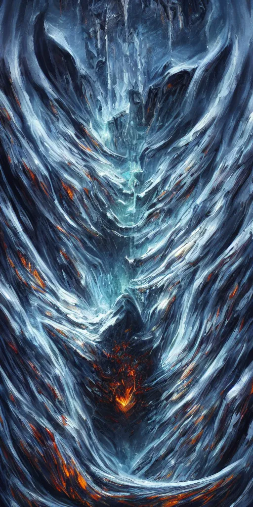 Image similar to an abstract oil painting of Balrog of Moria; swirling sheets of light and fire; hyper-detailed; an extraordinary masterpiece!!!; flawless; trending on artstation