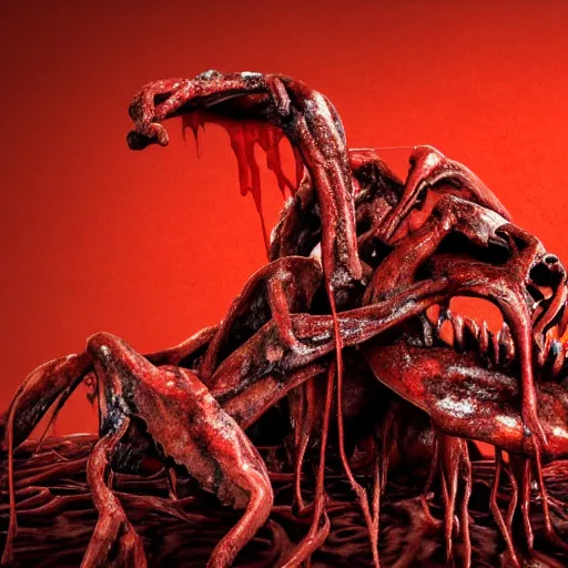 Prompt: a dark red gory structure of intertwined decaying muscles, animal skulls monstrously molten together, eyes, sharp teeth, and intestines lying in a pool of clotting blood and pus, slowly engulfing its surroundings with twitching veins and bloody intestines, dark hazy room, a high-quality photo, hyperrealistic, in color