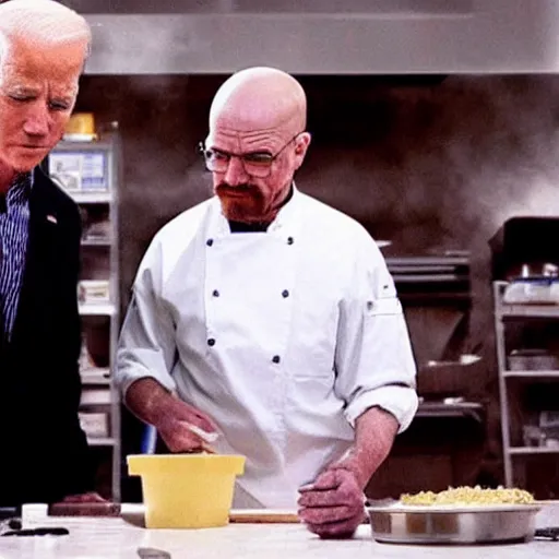 Image similar to “Very photorealistic screenshot of Joe Biden and Walter White cooking drugs in an episode of Breaking Bad, atmospheric lighting, award-winning”