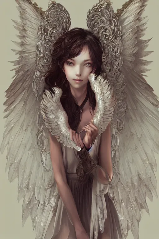 Prompt: beautiful maiden with angelic wings, intricate, elegant, highly detailed, artstation, concept art, illustration, art by Yoshitaka Amano, Sakimichan, Kuvshinov Ilya, tsuaii