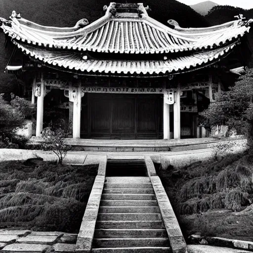 Prompt: little pavilion in the mountain, black and white, by lang jingshan,