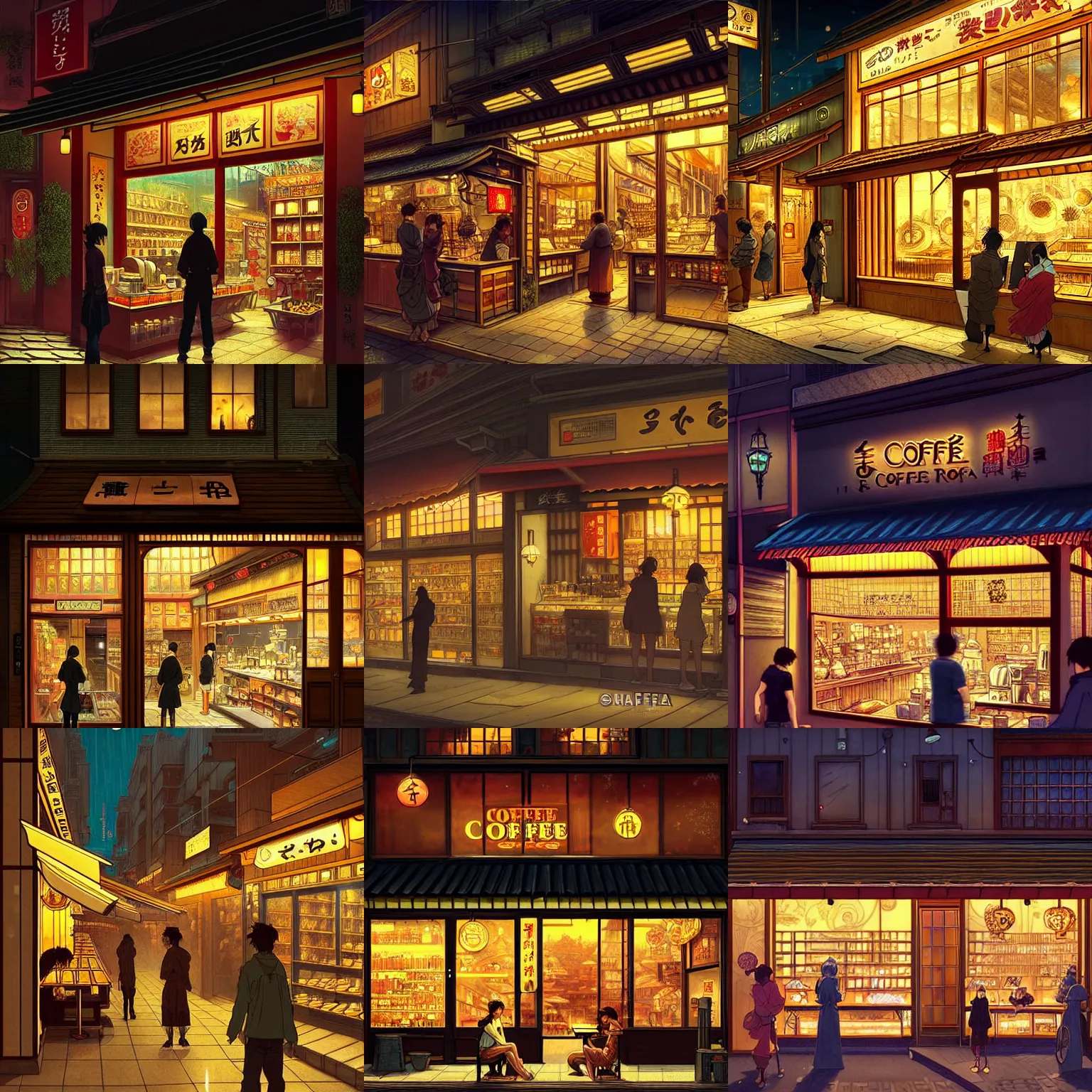 Prompt: a coffee shop store in The City of Japan at night with a few customers, extreme resolution fantasy concept art, intricate details to everything, sharp lighting, Dramatic light by denis villeneuve, strong emphasis on alphonse mucha, Makoto Shinkai