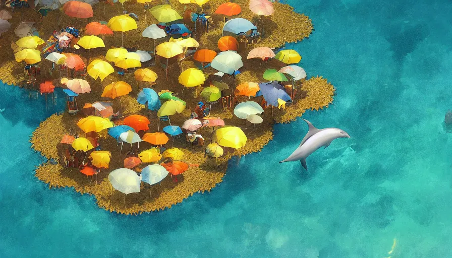 Image similar to craig mullins and ghibli digital illustration of, a dolphin in the blue dotted water, modern beach ， many umbrellas, white waves ， yellow gravel corals and schools of fish unreal engine, hyper realism, realistic shading, cinematic composition, realistic render, octane render, detailed textures, photorealistic, wide shot