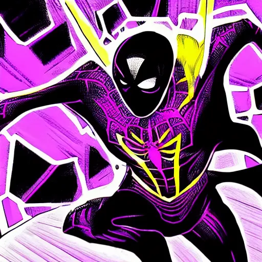 Image similar to black and purple spiderman drawn in comic book art style by steve ditko, 4 k digital art