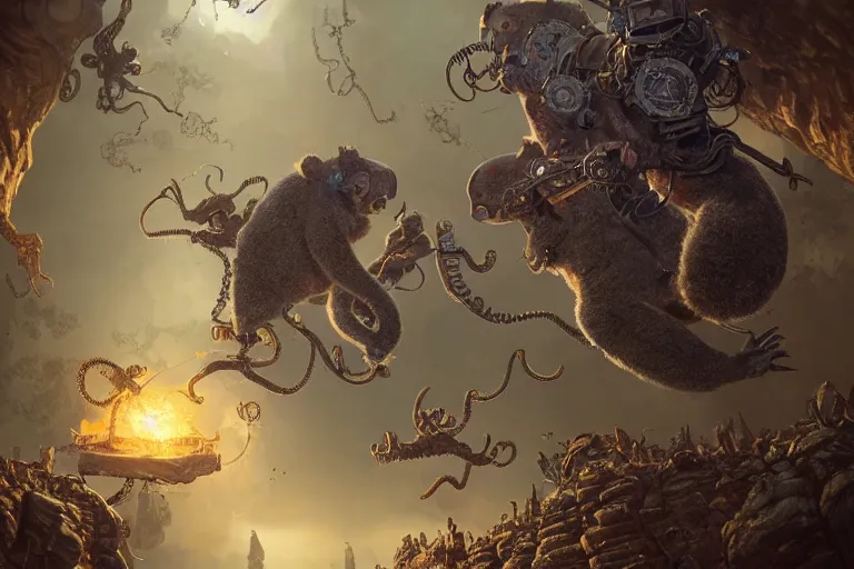 Image similar to steampunk family fighting a horde of crazy lovecraftian koalas, 3d scene, render, ultra realistic, zenith view, Greg Rutkowski, artstation, cgsociety, unreal engine, ray tracing, detailed illustration, hd, 4k, digital art, overdetailed art, concept art, complementing colors, Trending on artstation, deviantart