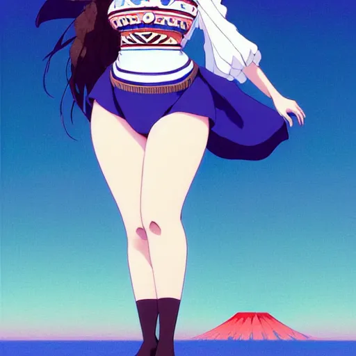 Image similar to a beautiful plus sized model japanese natalie portman, alluring plus sized model, wearing mayan leotard with elegant mayan apron overalls, street fashion hip hop style with mayan patterns, aztec street fashion, gapmoe yandere grimdark, trending on pixiv fanbox, painted by greg rutkowski makoto shinkai takashi takeuchi studio ghibli, akihiko yoshida