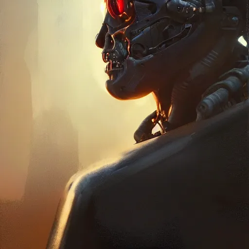 Prompt: Terminator, Profile, portrait, intricate, detailed, volumetric lighting, scenery, digital painting, highly detailed, artstation, sharp focus, illustration, concept art, ruan jia, steve mccurry