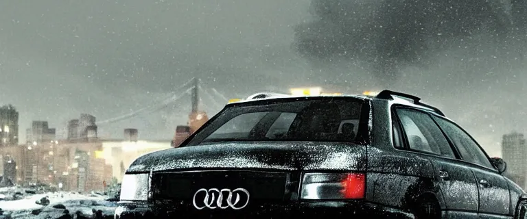 Image similar to Audi A4 B6 Avant (2002), a post apocalyptic, dramatic lighting, cinematic, establishing shot, extremly high detail, photorealistic, cinematic lighting, artstation, style by greg rutkowsky, Max Payne (2001) winter New York landscape