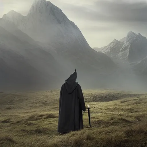 Prompt: landscape photo of ian mckellen as gandalf in a dark hood walking with haste through grasslands, photo taken 5 0 0 m from gandalf, highly detailed, cinematic shot, cinematic lighting, 8 k, exquisit facial detail, magical realism painting, chiaroscuro, dark painting.