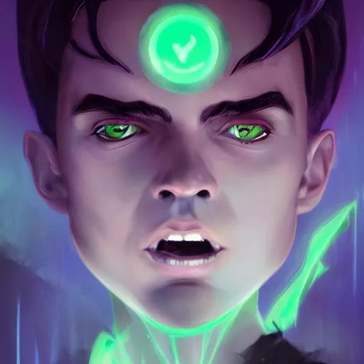 Image similar to a digital matte intricate face illustration concept art of young danny phantom with glowing green eyes cute fangs alt art fashion inspired art by charlie bowater and wlop and mark arian and ross tran + neon colors, symmetry, intricate complexity, epic composition, magical atmosphere, highly detailed, cinematic lighting + masterpiece, trending on artstation + 8 k