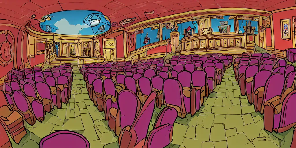 Image similar to a dimly lit, theater hall, 3 doors, 1 staircase, day of the tentacle style, drawn by Peter Chan, fish eye