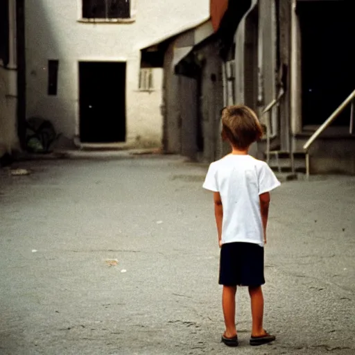 Prompt: portra 800 street photography a child standing in a street