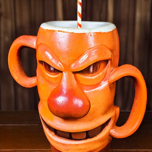 Image similar to a closeup photorealistic photograph of a glossy orange cat garfield style tiki mug sitting at a trader vic's beach bar featuring garfield's face. tiki theme. bright scene. fine detail. this 4 k hd image is trending on artstation, featured on behance, well - rendered, extra crisp, features intricate detail, epic composition and the style of unreal engine.