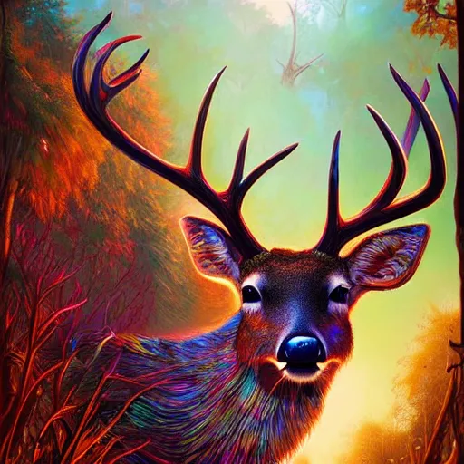 Prompt: deer colorful, fantasy, intricate, highly detailed, digital painting, hq, trending on artstation, illustration, style of stanley artgerm and greg rutkowski and dan mumford