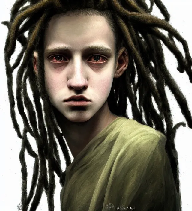 Image similar to portrait of shy teenage fantasy witch, grzegorz rutkowski, symmetry, deep dark forest, dramatic lighting, moody, directional lighting, awkward, intelligent, contemplative, gorgeous dreadlocks in hair, volumetric lighting, symmetrical face, pale girl, nervous, art by alasdair gray, brown hair, hazel eyes, trending on artstation