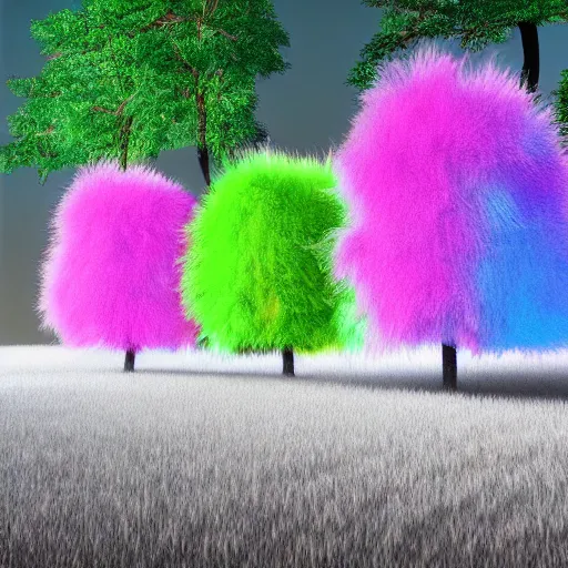 Prompt: Colorful fluffy trees made of fur in a field, Blender render, volumetric lighting