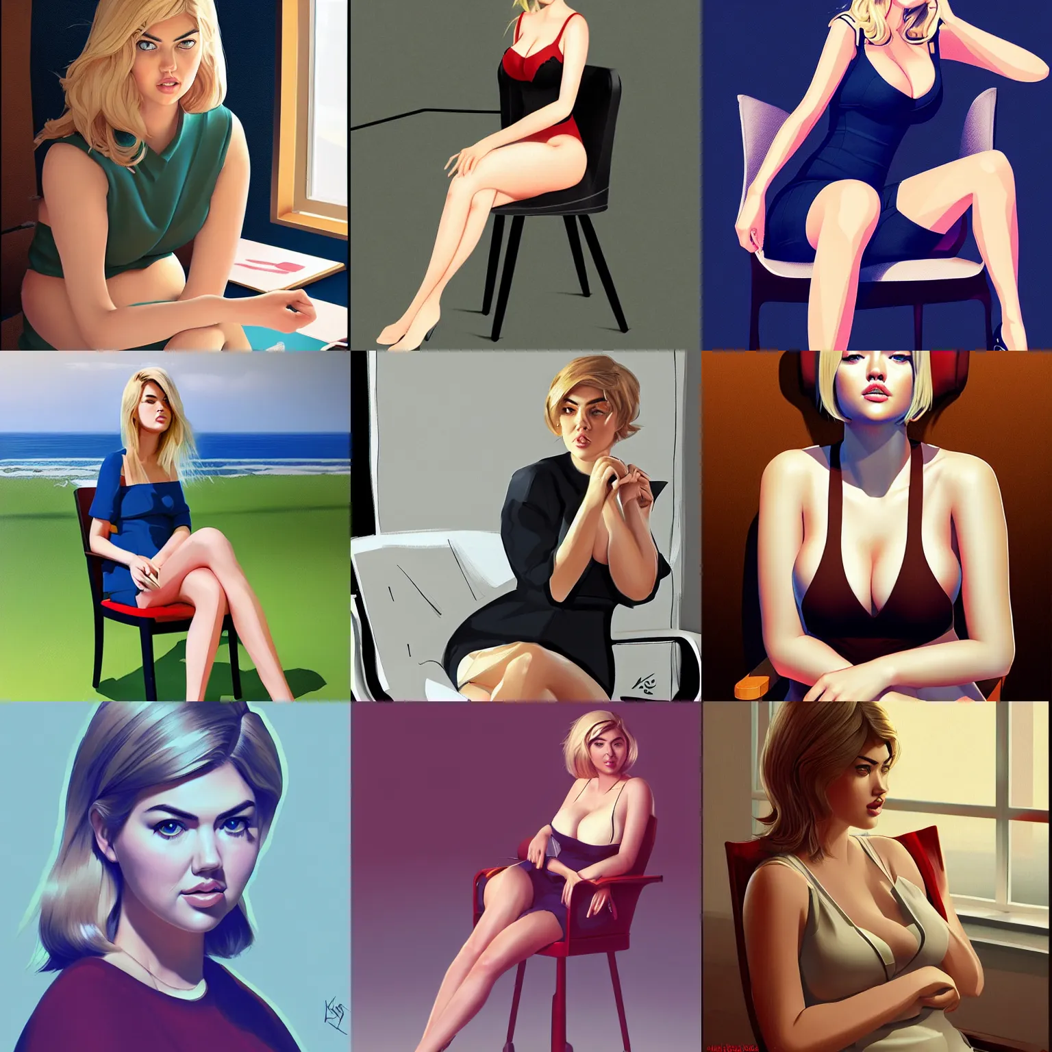 Prompt: kate upton sitting in a chair, highly detailed, in the style of ilya kuvshinov and wlop