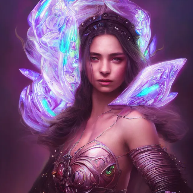 Prompt: detailed portrait of beautiful fantasy warrior princess made of iridescent smoke, dark fantasy, sharp focus, vibrant, vivid, magical neon skin, symmetry, highly detailed, 4 k digital painting, detailed skin, crystal, magical, raytracing, plasma, artistic, concept art by artgerm, greg rutkowski, alphonse mucha, unreal engine render,