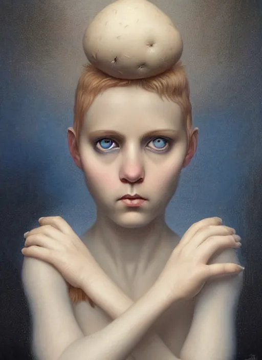 Image similar to an unnerving portrait of a potato with beautiful blue eyes and short blond hair, art tom bagshaw