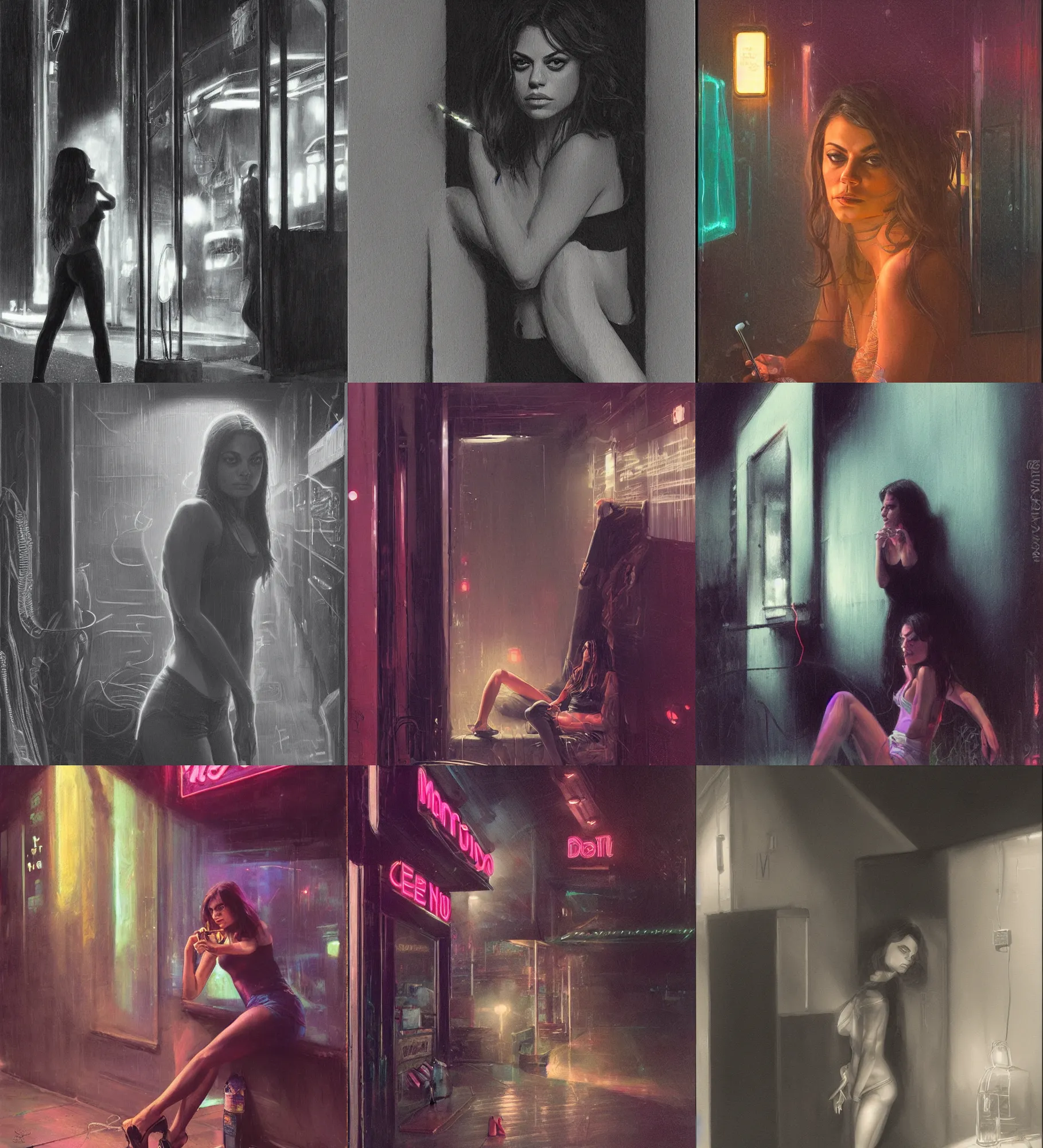 Prompt: foggy neon night, mila kunis leaning back against a wall smoking a cigarette outside a neon lit entrance, 1 9 7 0 s, intricate, moody, tasteful, intimate, highly detailed, short focus depth, artgerm, donato giancola, joseph christian leyendecker