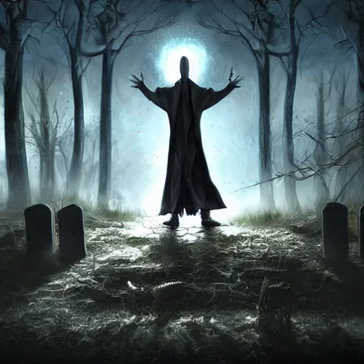 Prompt: an evil warlock in a graveyard, artstation hall of fame gallery, editors choice, #1 digital painting of all time, most beautiful image ever created, emotionally evocative, greatest art ever made, lifetime achievement magnum opus masterpiece, the most amazing breathtaking image with the deepest message ever painted, a thing of beauty beyond imagination or words