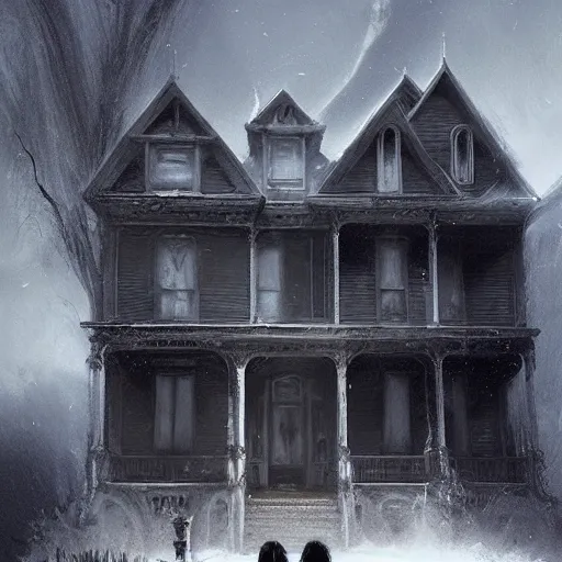 Prompt: a ghost outside a haunted victorian house, horror, greg rutkowski