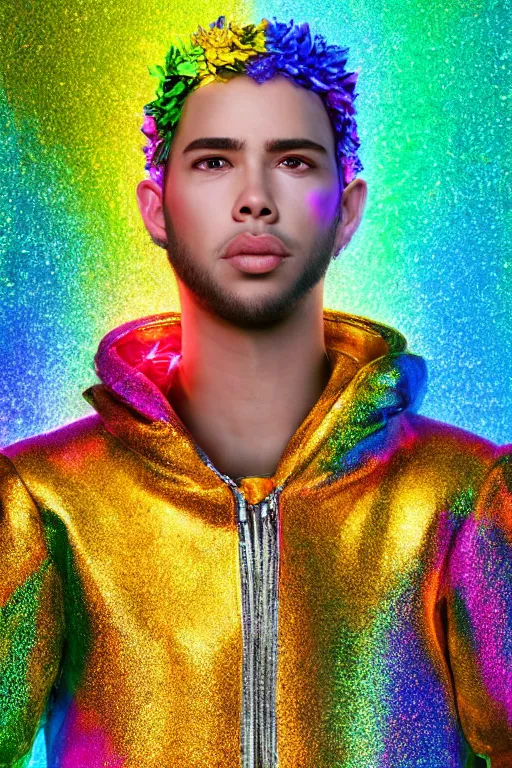 Image similar to hyper detailed ultra sharp portrait of baroque and bladerunner delicate neon sapphire sculpture of seductive onyx prince royce tigers rainbowiridescent humanoid deity wearing metallic hoody made out of leaves holding the sun prismatic dungeon, glowing rainbow face, crown of white diamonds, cinematic lighting, photorealistic, octane render 8 k depth of field 3 d