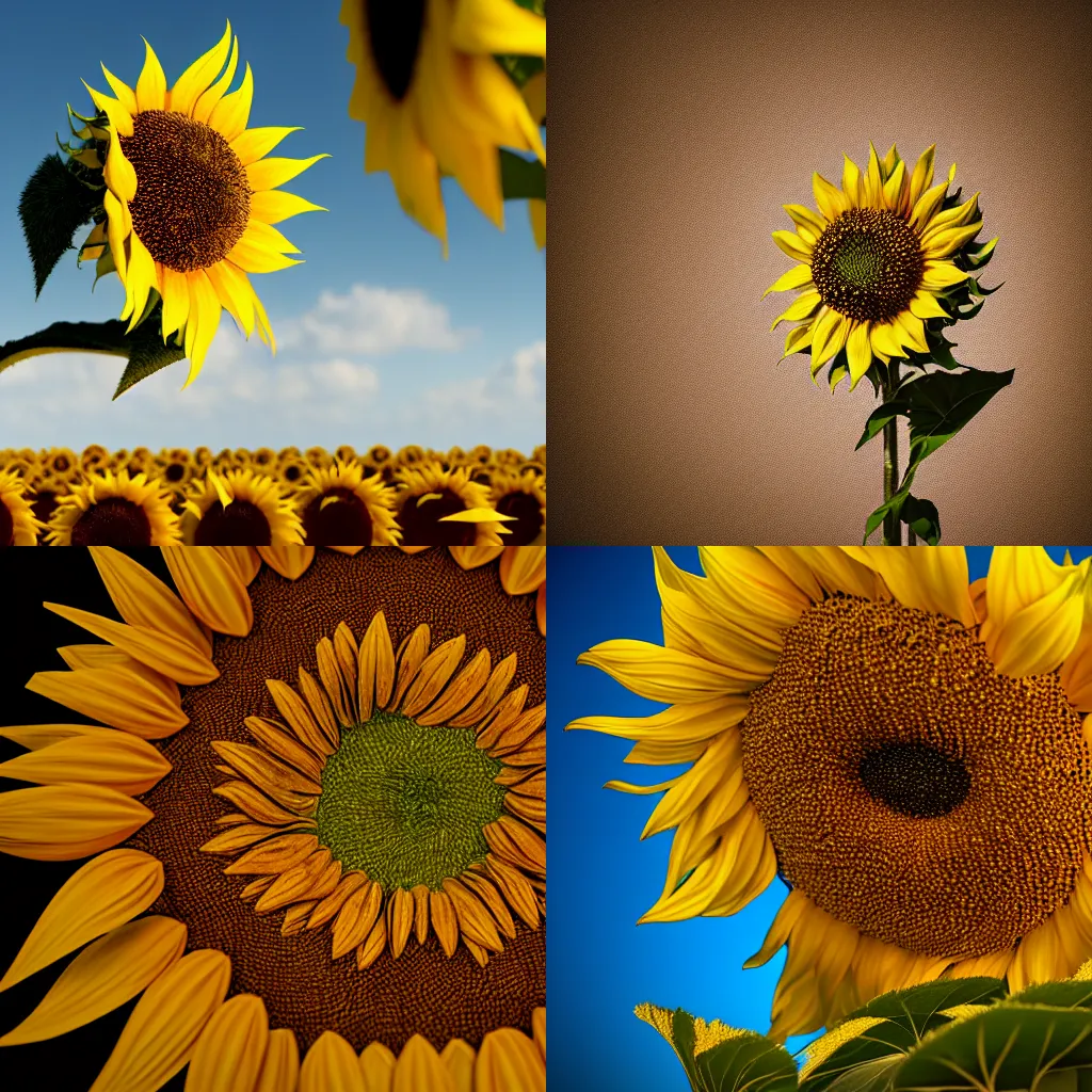 Prompt: stressed sunflower in abstract style, hyper realism, cinematic, volumetric lighting, sunlight, Epic composition, high detail, octane render, 8k, depth of field, photorealistic, 10241024