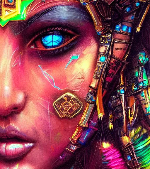 Image similar to beautiful intricate exquisite aztec princess realistic face, beautiful eyes, neon colors, drawing, in the style of greg rutkowski, fantasy, amazing detail, epic, intricate, elegant, smooth, sharp focus