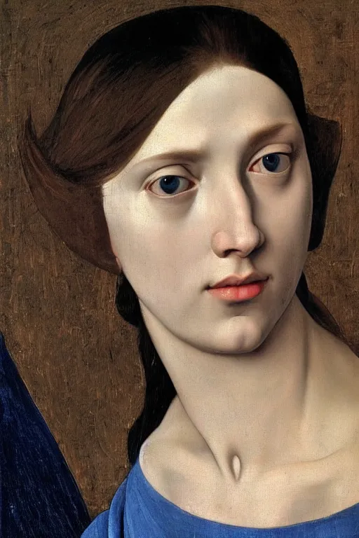 Image similar to hyper - realistic close - up portrait of a medieval blonde with a huge amount of color in the caravaggio style, pale skin, in a silver silk robe, blue palette