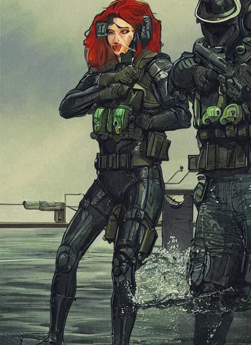 Prompt: black widow. USN blackops operator emerging from water at the shoreline. Operator wearing Futuristic cyberpunk tactical wetsuit and looking at an abandoned shipyard. Frogtrooper. rb6s, MGS, and splinter cell Concept art by James Gurney, Alphonso Mucha. Vivid color scheme.