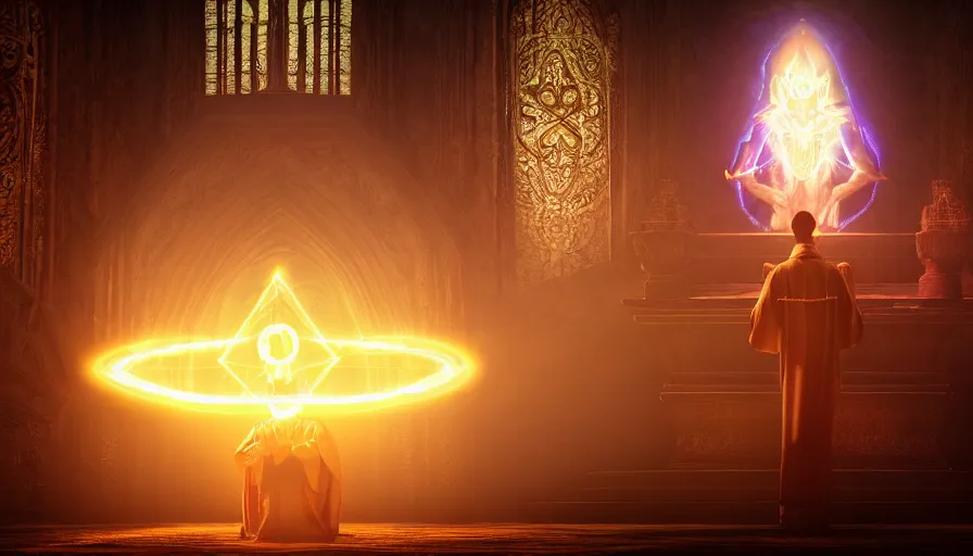 Image similar to an occult priest performs demonic ritual with magic and a glowing sigil in a fantastic temple, volumetric lighting, magical lighting, raytracing, dynamic lights and shadows, photorealistic render, digital art, wallpaper