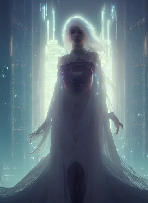 Image similar to a beautiful white haired princess, intricate concept art, ethereal, enchanted, ominous, dramatic lighting, illuminated lines, outrun, vaporware, cyberpunk darksynth, dark background, 8 k, by ruan jia and krenz cushart and alphonse mucha