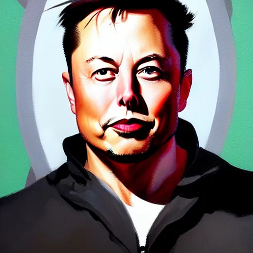 Prompt: greg manchess portrait painting of elon musk with jet engine as overwatch character, medium shot, asymmetrical, profile picture, organic painting, rainy day, matte painting, bold shapes, hard edges, street art, trending on artstation, by huang guangjian and gil elvgren and sachin teng
