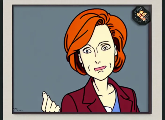 Image similar to dana scully, in the style of studio ghibli, traditional animation, sharp detail, animation cel