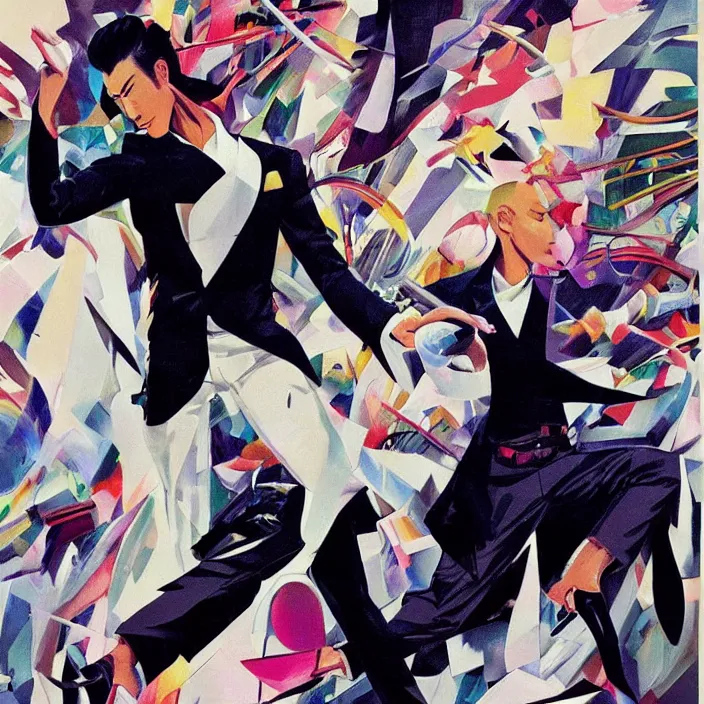 Image similar to yakuza gang member, full body, high fashion, futurism, aerodynamic, flowing, intricate, slick, highly detailed, digital painting, vogue, concept art, smooth, sharp focus, hd, art by syd mead and kandinsky and annie leibovitz
