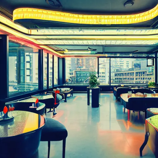 Image similar to wide angle photo of 60‘s retro fancy restaurant interior, neon-decorated urban on night in the city seen through the window,modern interior design, architectural design, vintage, night blade runner, dark, postapocalyptic, clean lines, 4k, octane, colorful ,lunarcore city seen at distance outside, big windows,octane, wide angle