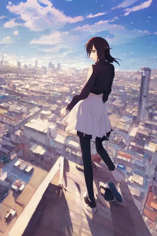 Image similar to A ultradetailed beautiful panting of a stylish woman standing on a rooftop, she is wearing streetwear, by Makoto Shinkai