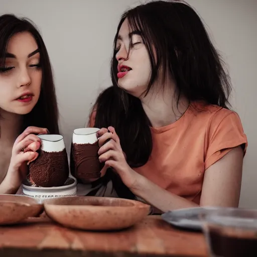 Image similar to two young women fighting over a cup of chocolate pudding, 4k, 35mm