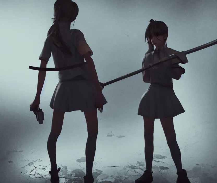 Image similar to School girl holding a katana and standing on an abandoned hospital room, gloomy and foggy atmosphere, octane render, artstation trending, horror scene, highly detailded