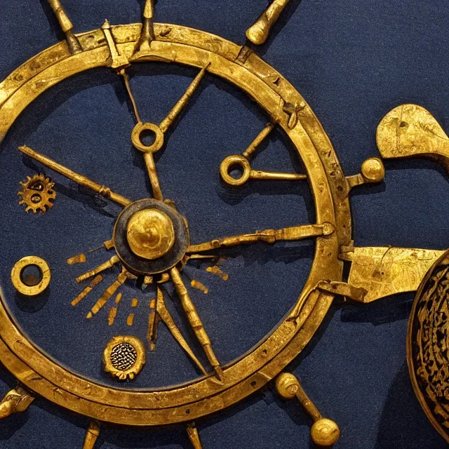 Prompt: a dramatically lit photo of an ancient, powerful brass and gold artifact spherical artifact, covered in dials and ancient egyptian markings, with two arrows, glowing from within, filled with gears glimpsed inside, with a dark blue star - chart