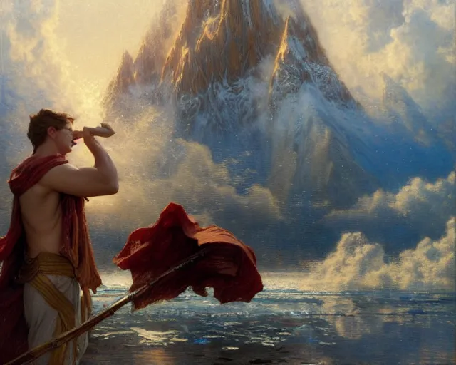 Image similar to attractive male wizard casting powerful giant tsunami spell in a beautiful lake. highly detailed painting by gaston bussiere, craig mullins, j. c. leyendecker 8 k