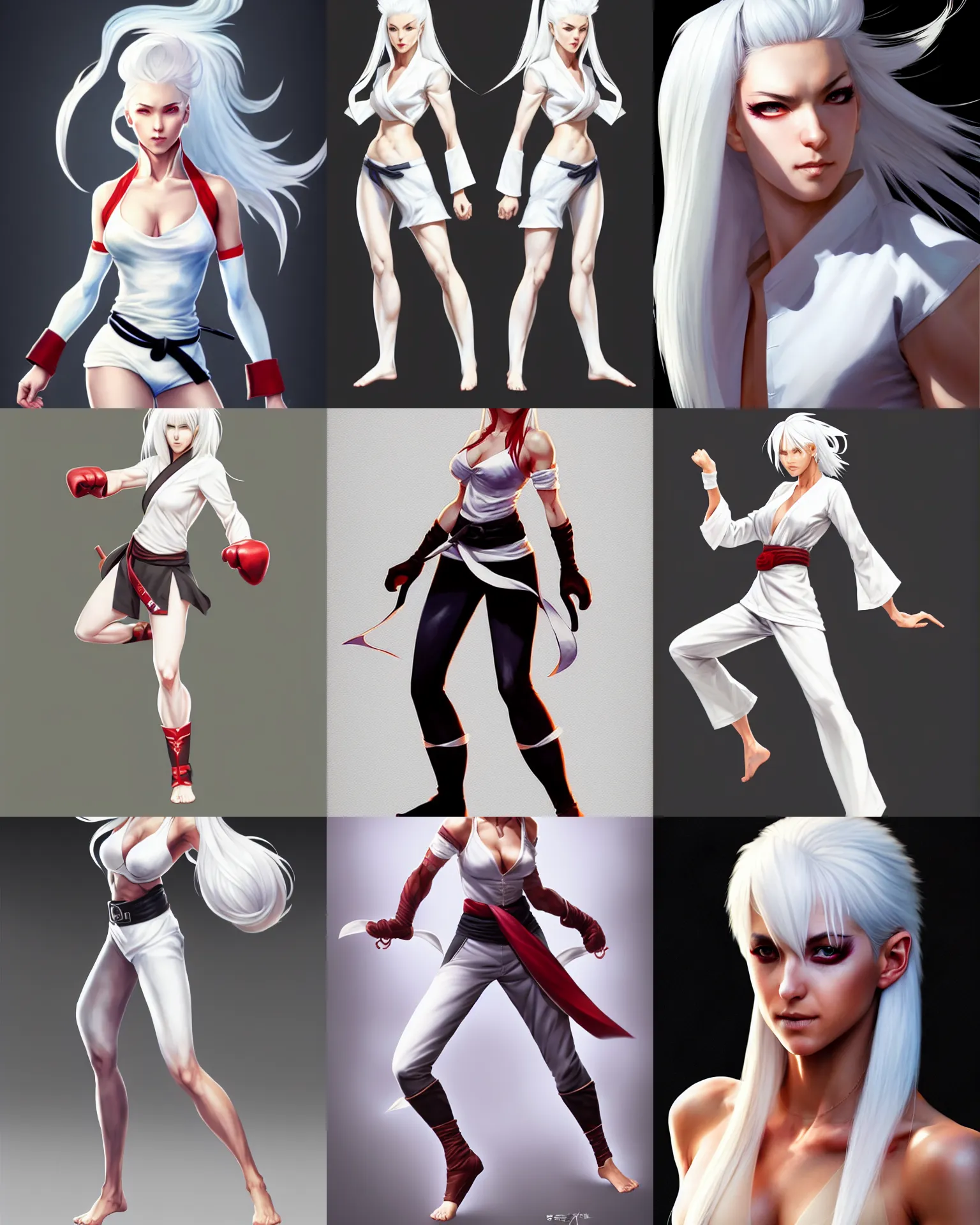 Prompt: full body character concept art of a gorgeous stylish white haired female karate fighter | | distinct - fine, key visual, realistic shaded perfect face, fine details by stanley artgerm lau, wlop, rossdraws, james jean, andrei riabovitchev, marc simonetti, sakimichan, and jakub rebelka, trending on artstation