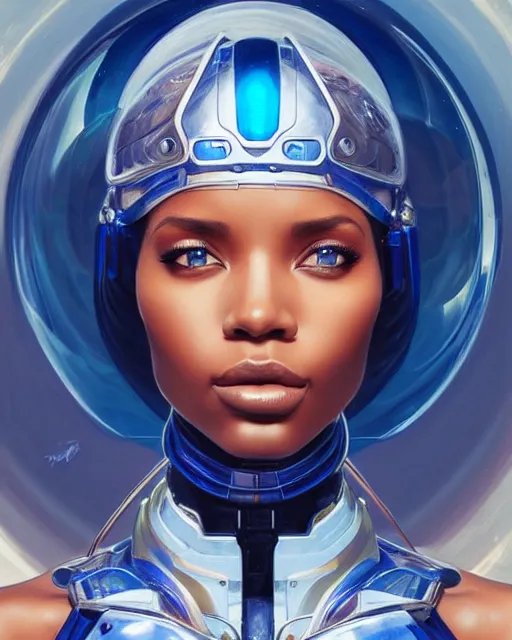 Image similar to Portrait of very very very very very very beautiful african woman, spacesuit, futuristic cybernetic helmet, blue eyes, real life skin, intricate, elegant, highly detailed, artstation, concept art, smooth, sharp focus, art by artgerm and greg rutkowski and alphonse mucha