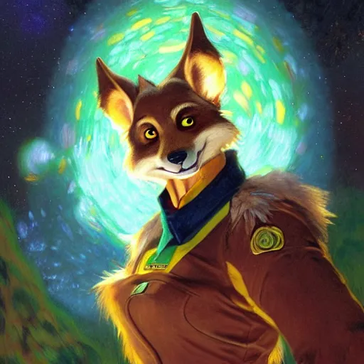 Image similar to a female bird wolf canine in starfleet uniform at night in a dark forest. zootopia fursona furaffinity furry art detailed face painting by gaston bussiere craig mullins jc leyendecker gustav klimt artgerm greg rutkowski furry