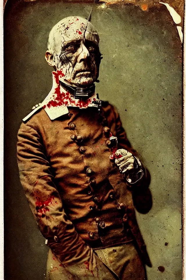 Prompt: colorful portrait of a bloody war surgeon, 1 8 0 0 s victorian photo, hand coloured photo, atmospheric, highly detailed, by joel peter witkin