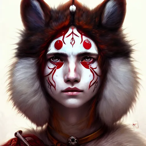 Image similar to Portrait of Princess Mononoke with red facepaint under her eyes, white fur, face, fantasy, intricate, elegant, highly detailed, digital painting, artstation, concept art, smooth, sharp focus, illustration, art by Fernanda Suarez and Artem Demura and alphonse mucha