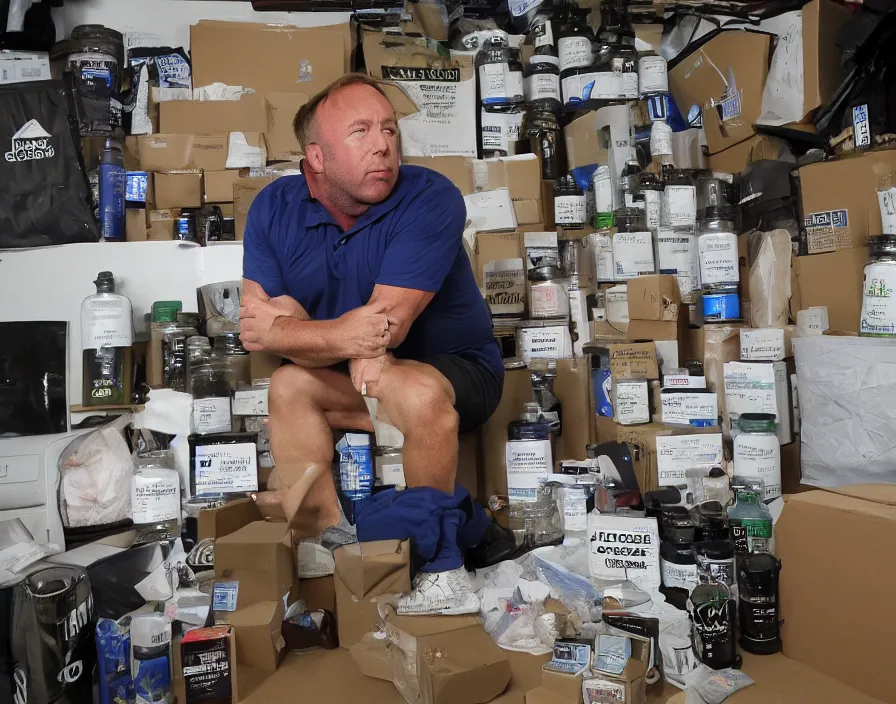 Image similar to Alex Jones inventing new conspiracy theories in his garage office, surrounded by boxes of herbal supplements and trash, sweaty skin, detailed photograph high quality